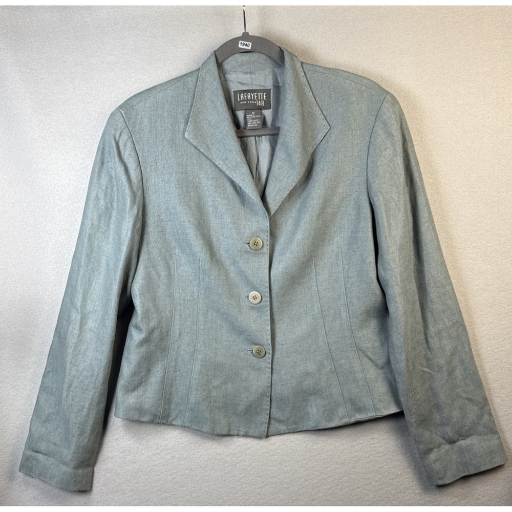 Lafayette 148 Linen Blazer Womens Size 12 Blue Button Lightweight Jacket Manager